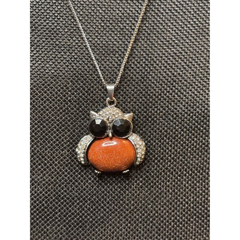 Silver Tone Stainless Steel Owl Necklace Orange Goldstone Rhinestone Pendant